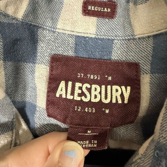Alesbury Flannel Shirt Mens Medium Blue White Plaid Button Up Long Sleeve Cotton - Picture 5 of 11